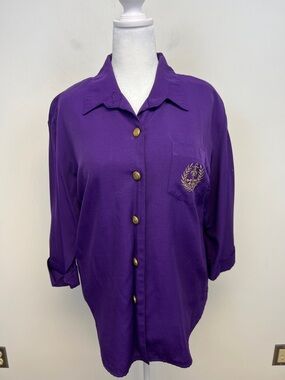 Bedford Fair Purple and Gold Women's Retro Blouse with Crest Size 12P